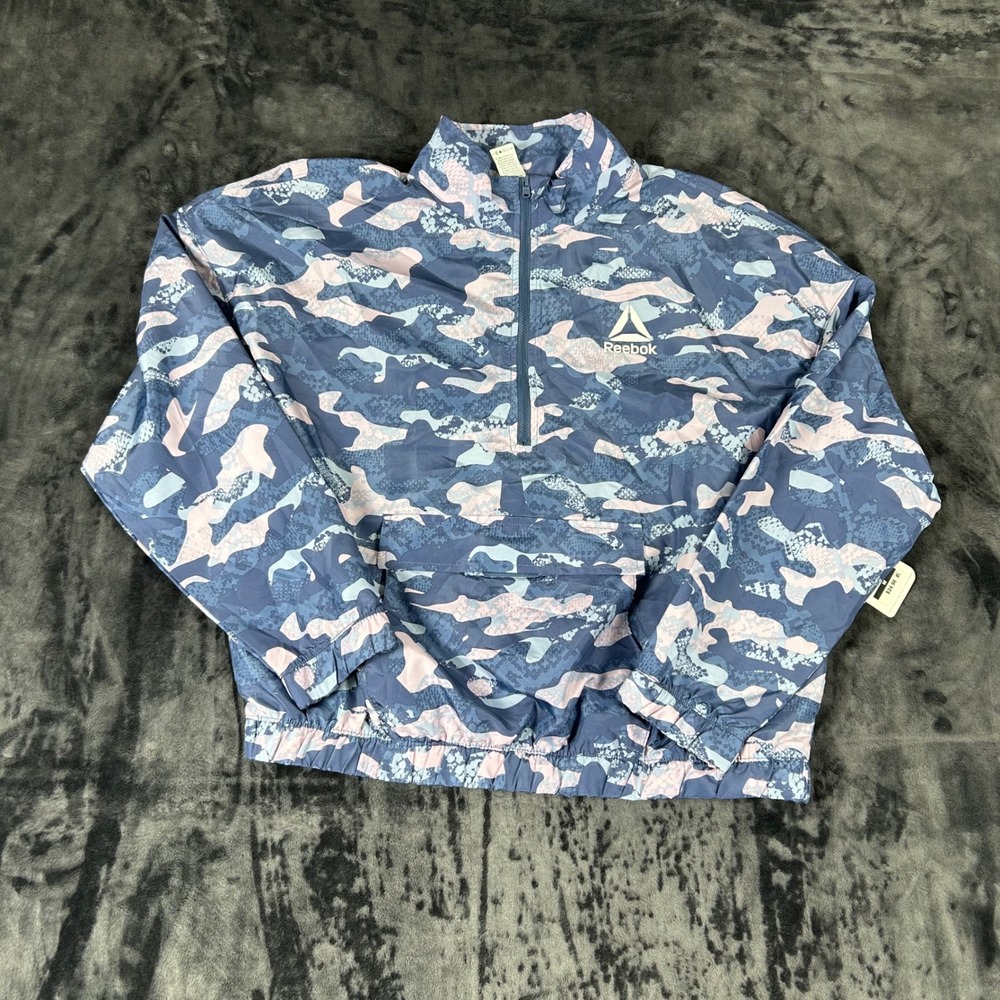 Reebok Windbreaker Jacket Womens Medium Blue Pink Camo Quarter Zip REW221OT01